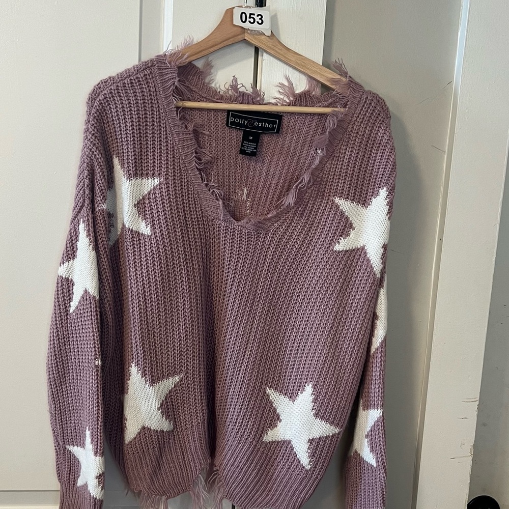 Polly & Esther Lavender V-Neck Sweater with White Stars